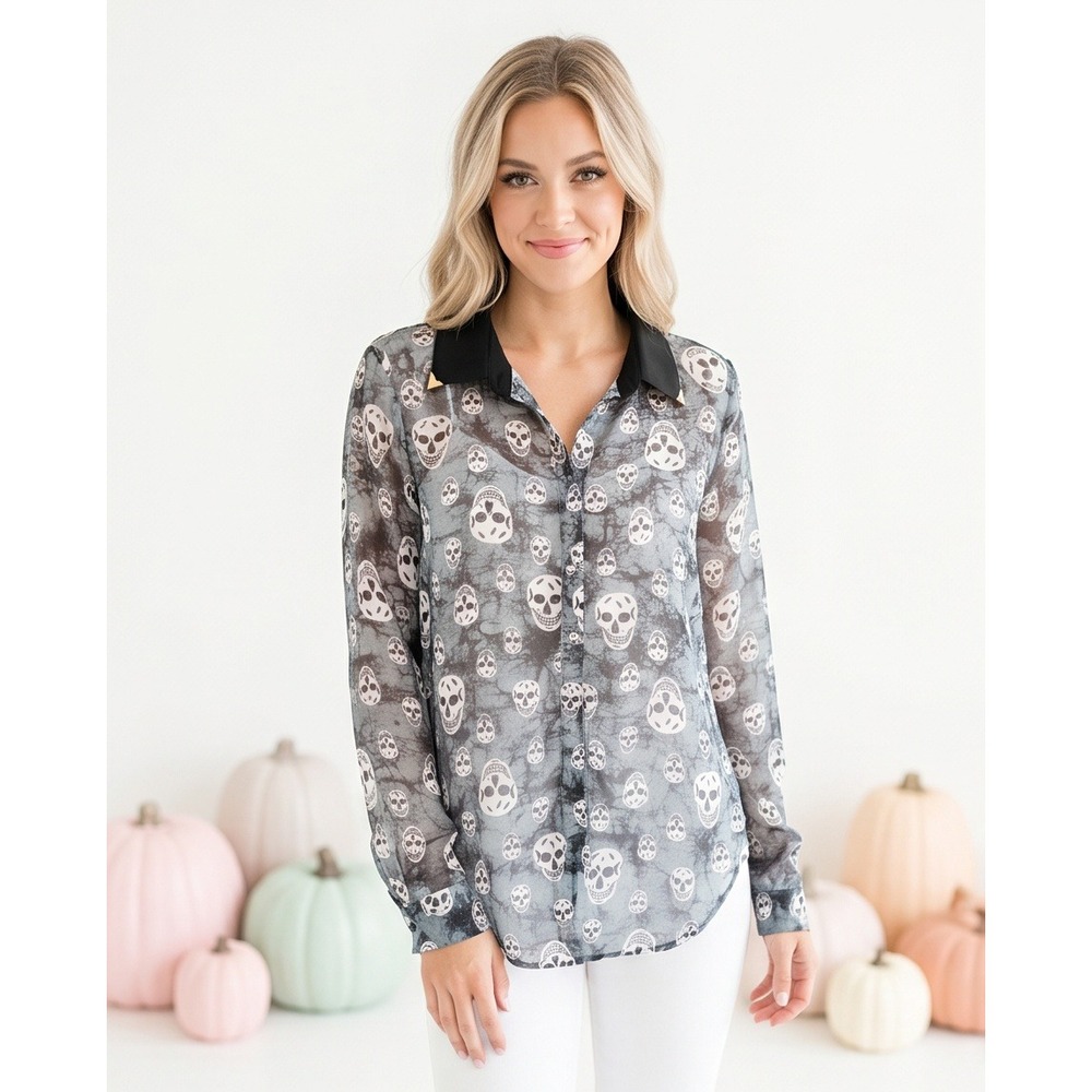 Mono B M Skull Print Chiffon Button Down Shirt Grey Black Medium NWOT